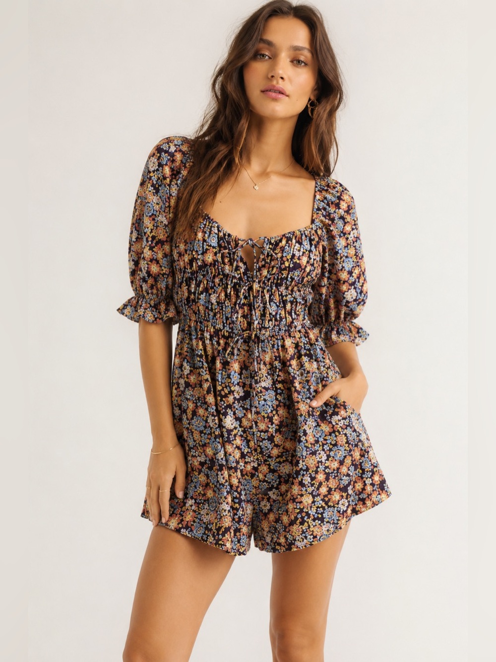 Free People Black Linen Blend Floral Smocked Show Me Love Romper Sz. XS